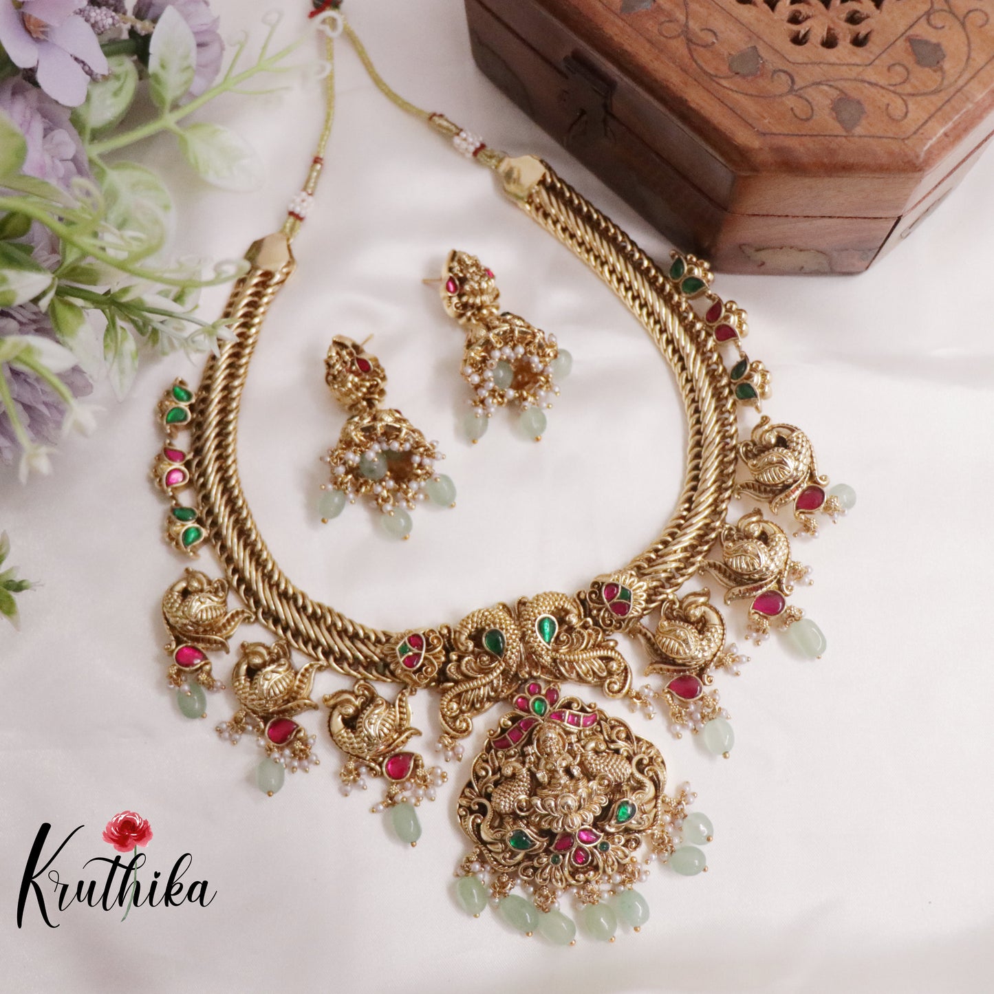 Royal Antique Jadau Lakshmi Pendant and Peacock Necklace NC2231 (Available in 3 Colours)