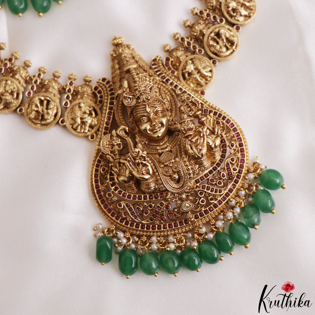 Premium Antique Nagas Lord Shiva Motifs Temple Necklace With Green Bead Drops NC3282