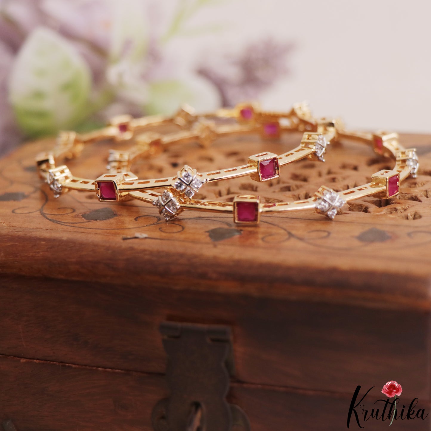 Classic Square Diamond-Finish Gold-Tone CZ Bangles B565 (Set of 2)|(Available In 2 Colors)