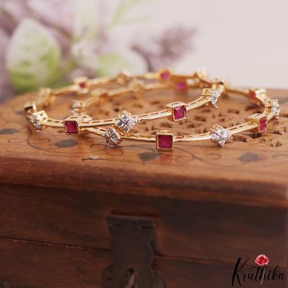 Classic Square Diamond-Finish Gold-Tone CZ Bangles B565 (Set of 2)|(Available In 2 Colors)