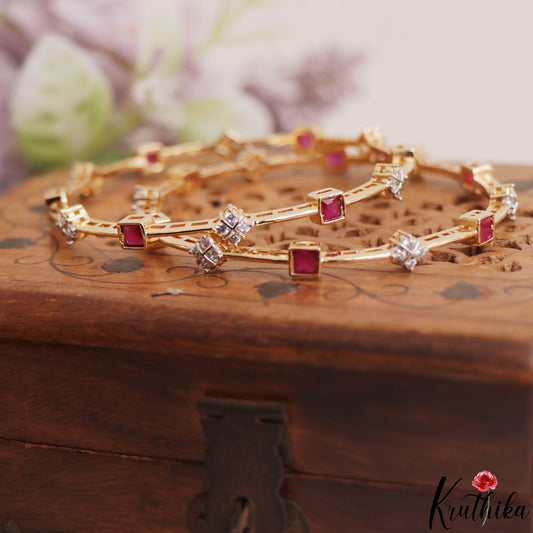 Classic Square Diamond-Finish Gold-Tone CZ Bangles B565 (Set of 2)|(Available In 2 Colors)