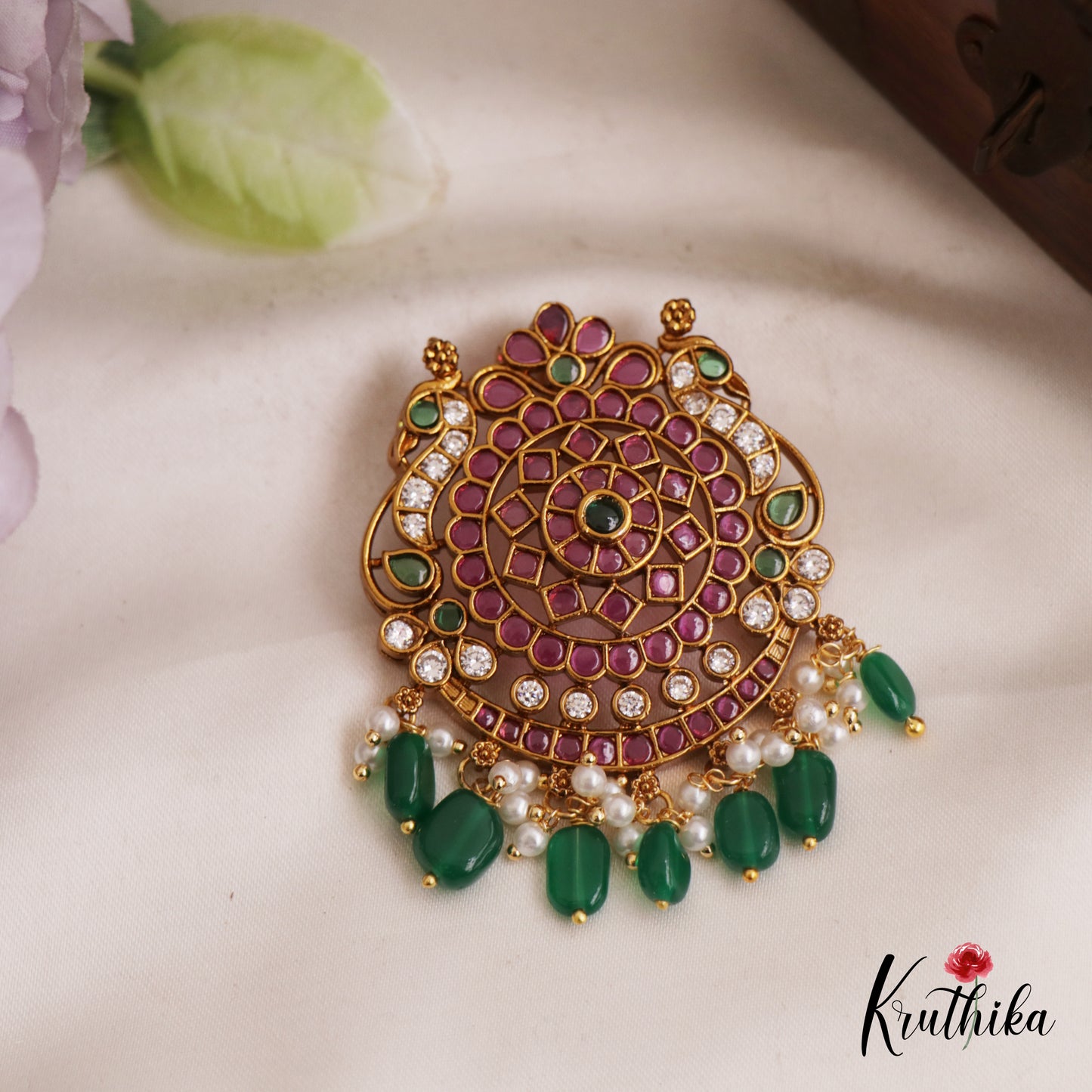 Beautiful Peacock Floral Motifs Jadau Pendant With Green Bead Drops PS278