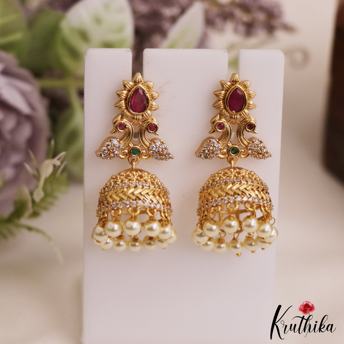 Beautiful Peacock Motifs Gold-Tone Jhumka With Pearl Drops E1053