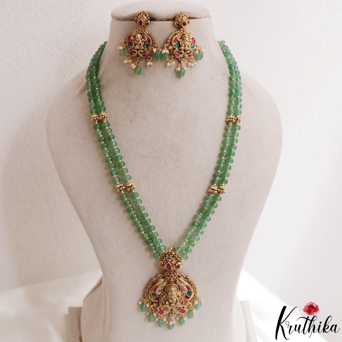 Elegant Antique Lakshmi Motifs Double Layered Green Beads Haaram LH2155