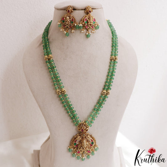 Elegant Antique Lakshmi Motifs Double Layered Green Beads Haaram LH2155
