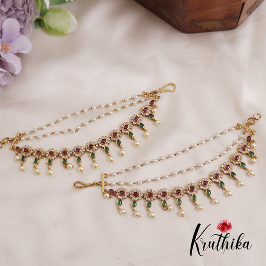 Classic Kemp Floral Motifs Triple Layer Earchains With Pearl Drops EC187