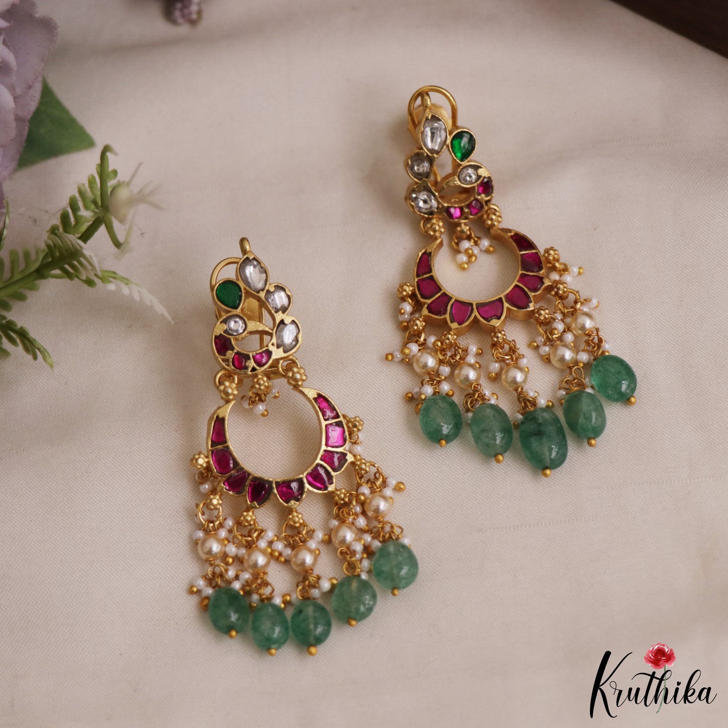 Pretty Peacock Motifs Chandbali Jadau Earrings With Green Bead Drops E1081