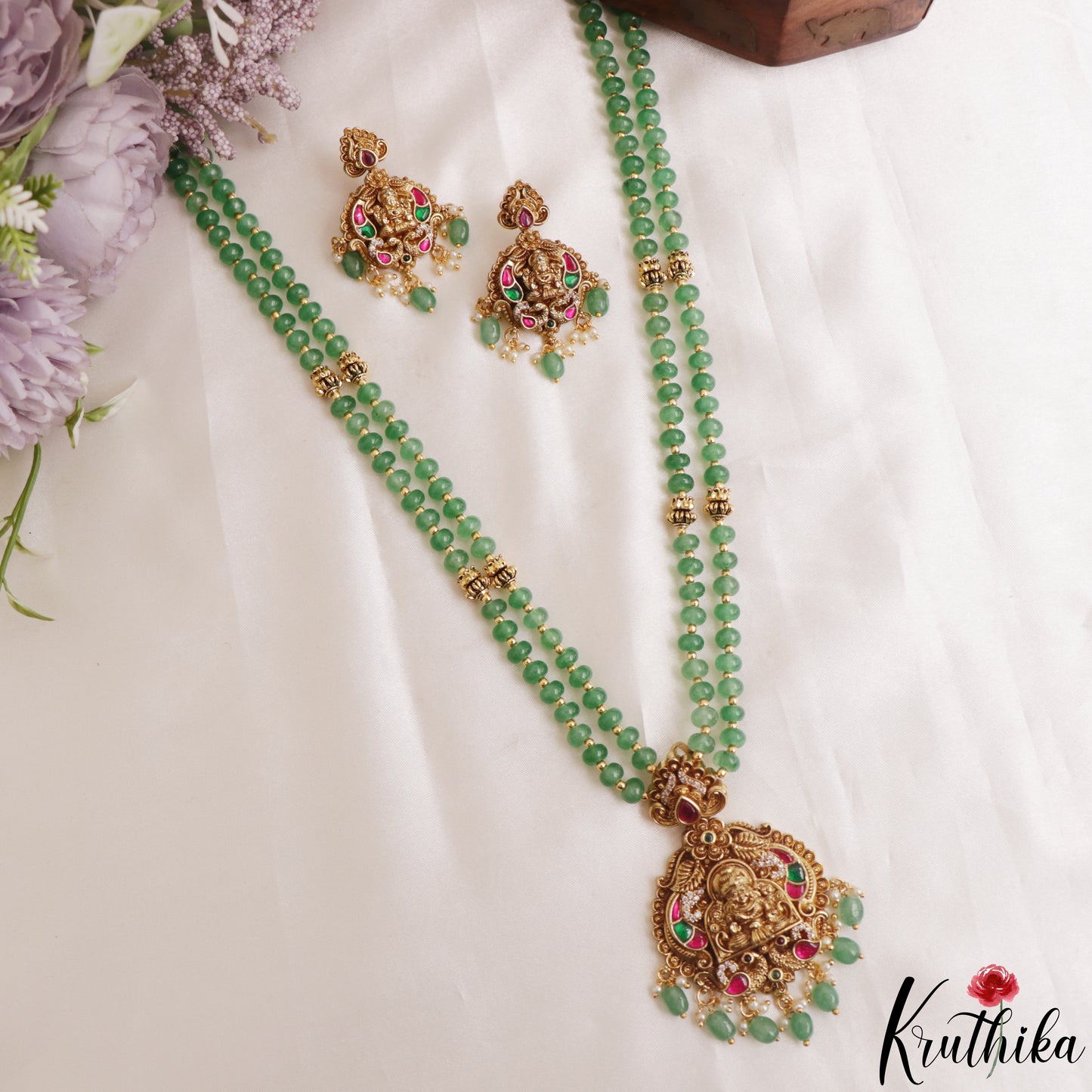 Elegant Antique Lakshmi Motifs Double Layered Green Beads Haaram LH2155