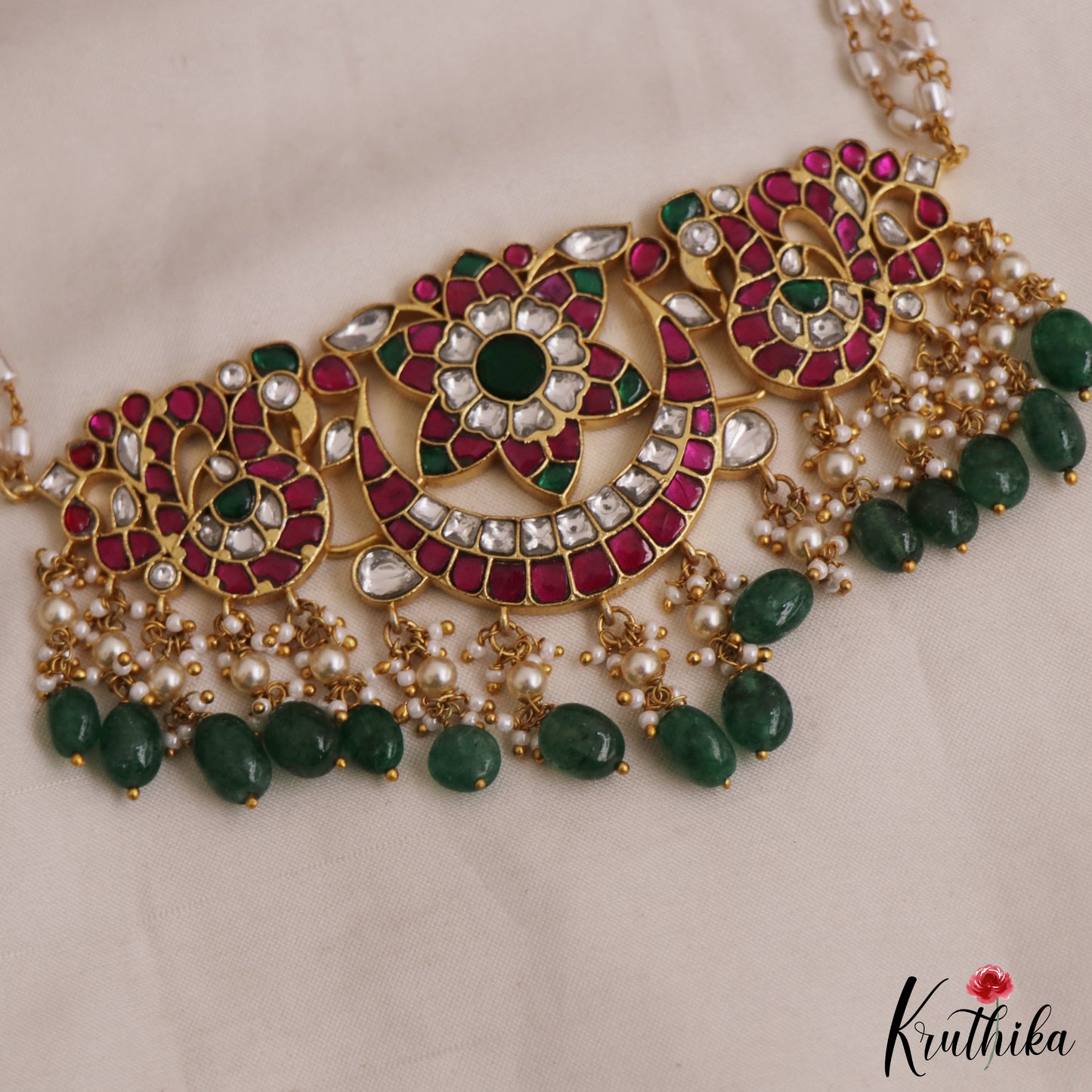 Elegant Floral Peacock Motifs Jadau Choker with Triple Strand Pearl Chain  NC2975