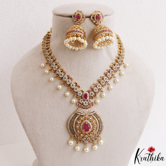 Sparkling Floral Motifs CZ Victorian Necklace With Pearl Drops NC3162