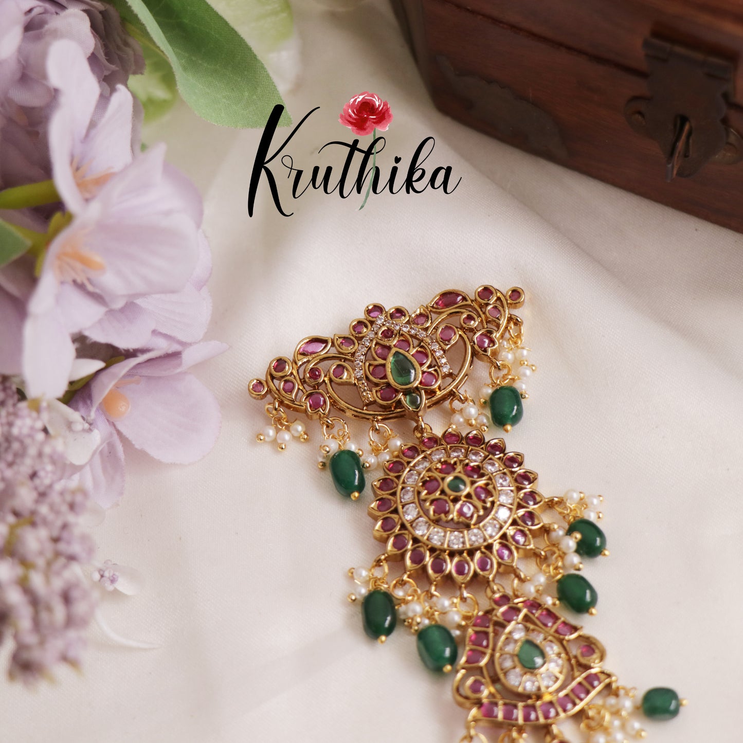 Traditinal Kemp Stones Floral Teardrop Jhumka With Beads Jada Billa J256