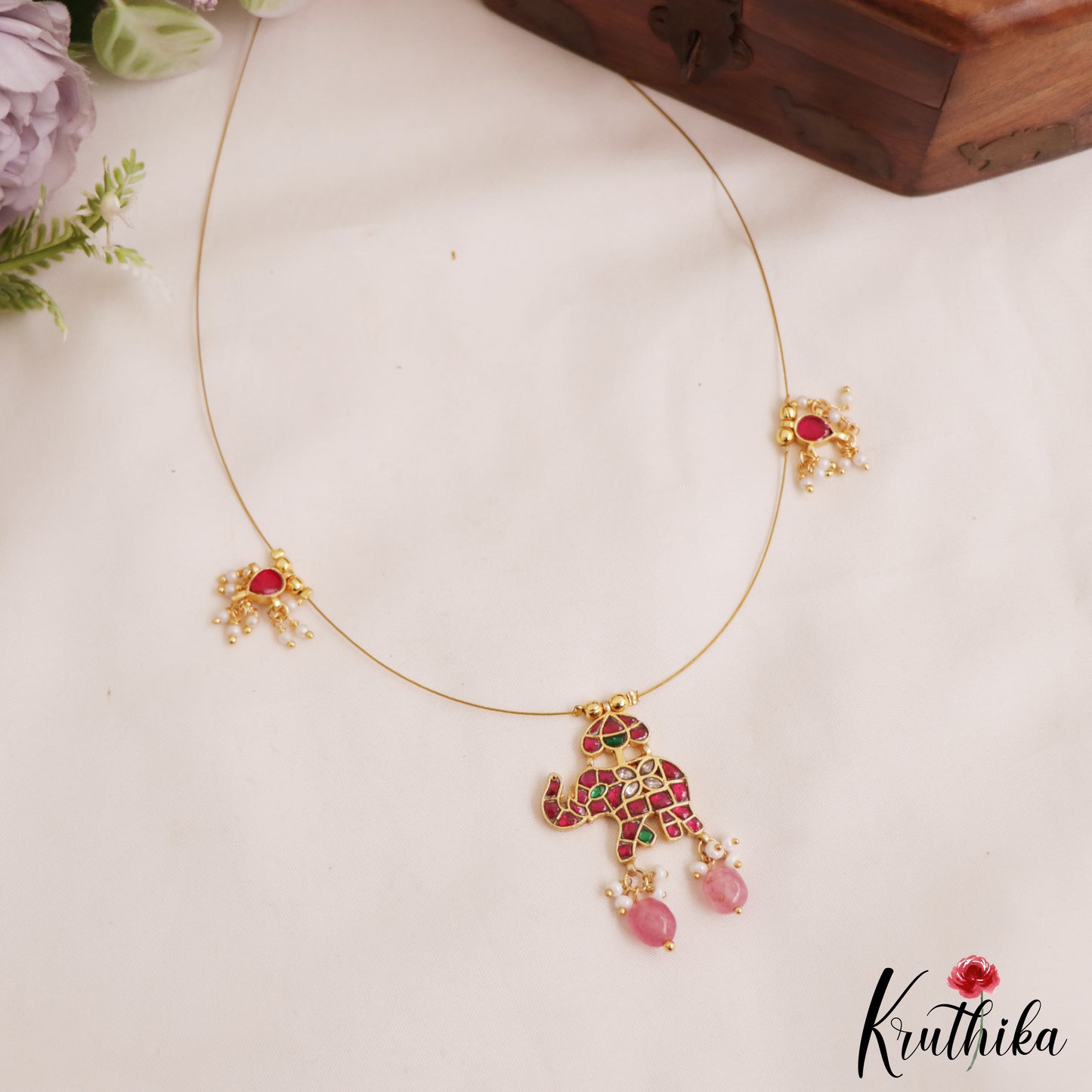 Classic Elephant Motifs Jadau Invisible Chain With Pink Bead Drops NC2988