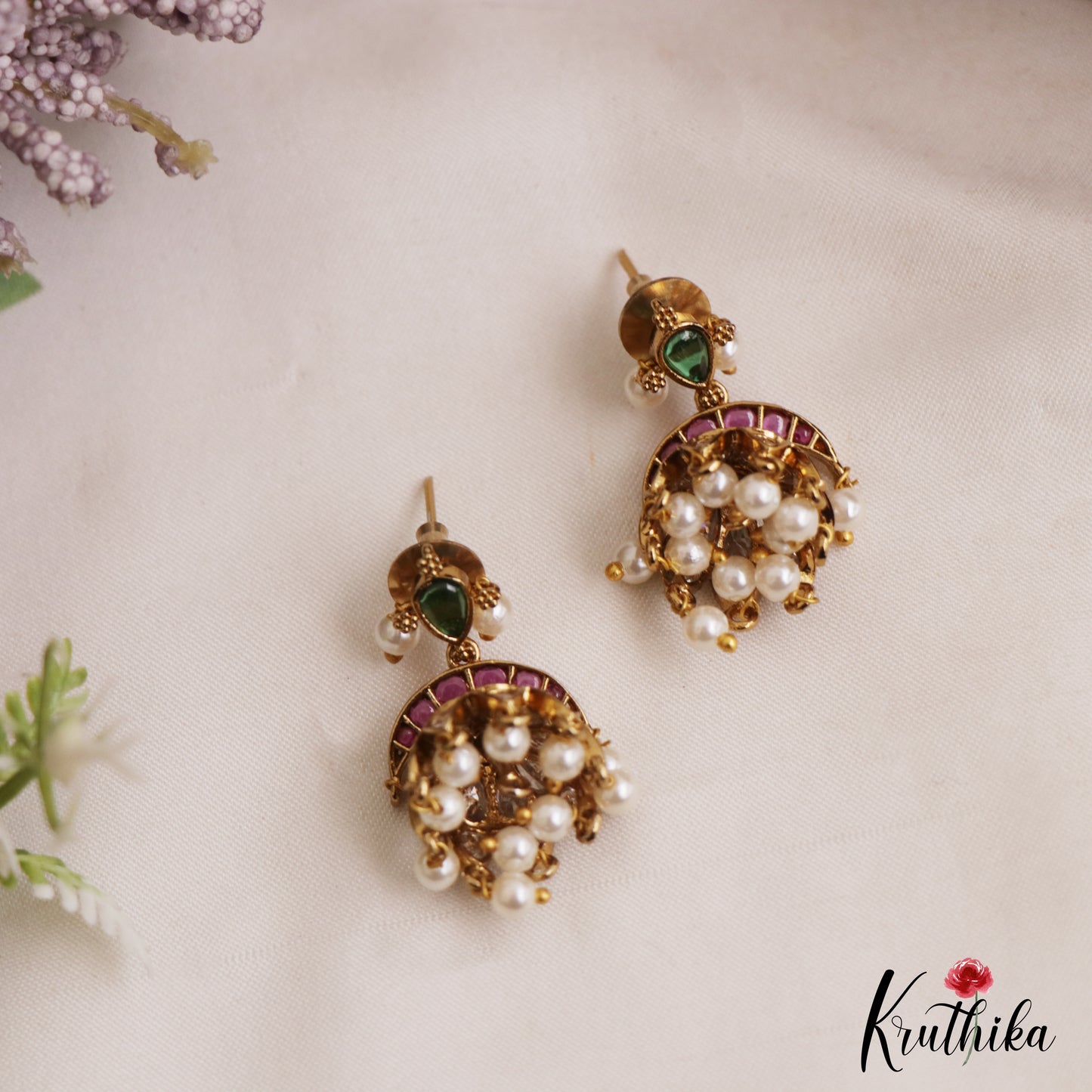 Elegant Teardrop Motifs Kemp Jhumkas With Pearl Drops E1115