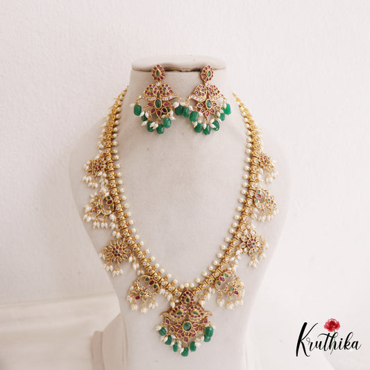 Gorgeous Kemp Floral Mango Motifs Guttapoosalu Haaram With Green Bead Drops LH2040