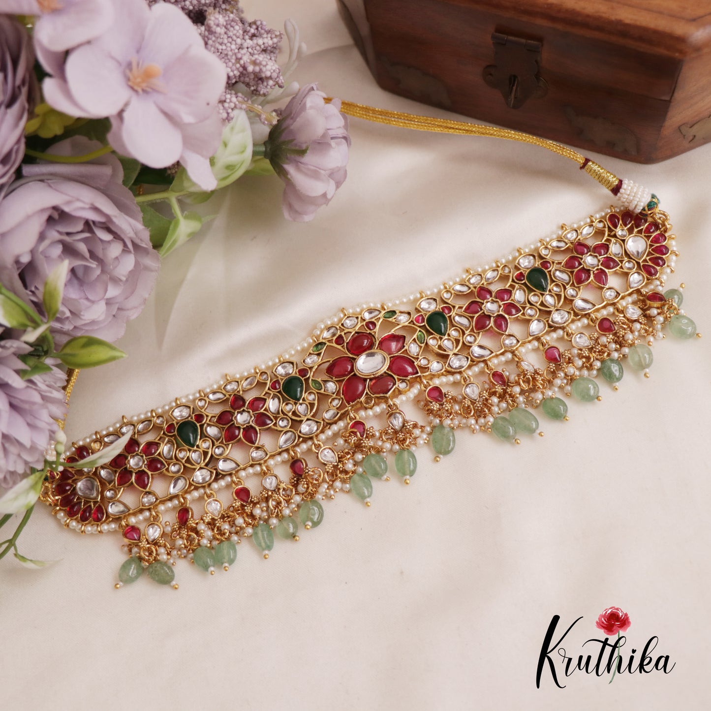 Beautiful Floral Kemp Choker With Bead And Pearl Drops NC2563