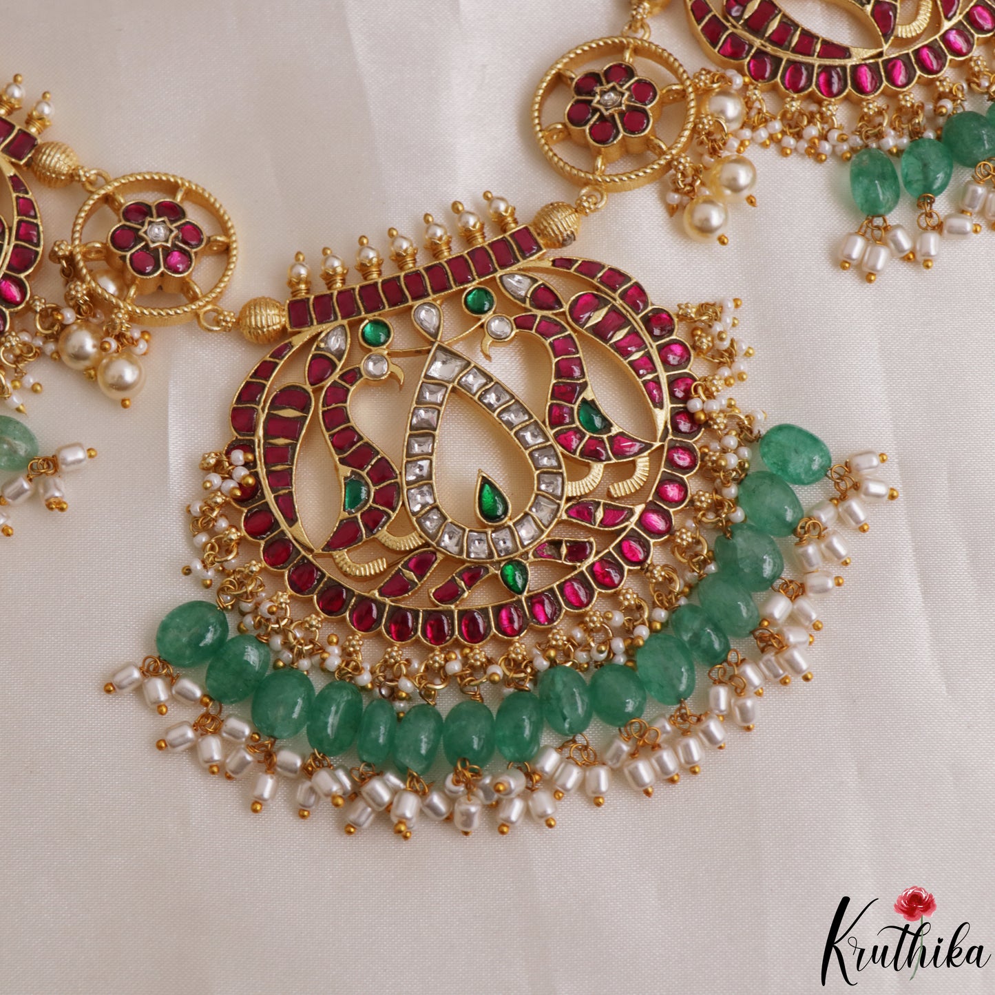 Royal Floral Peacock Motifs Jadau Necklace With Green Bead Drops NC3112
