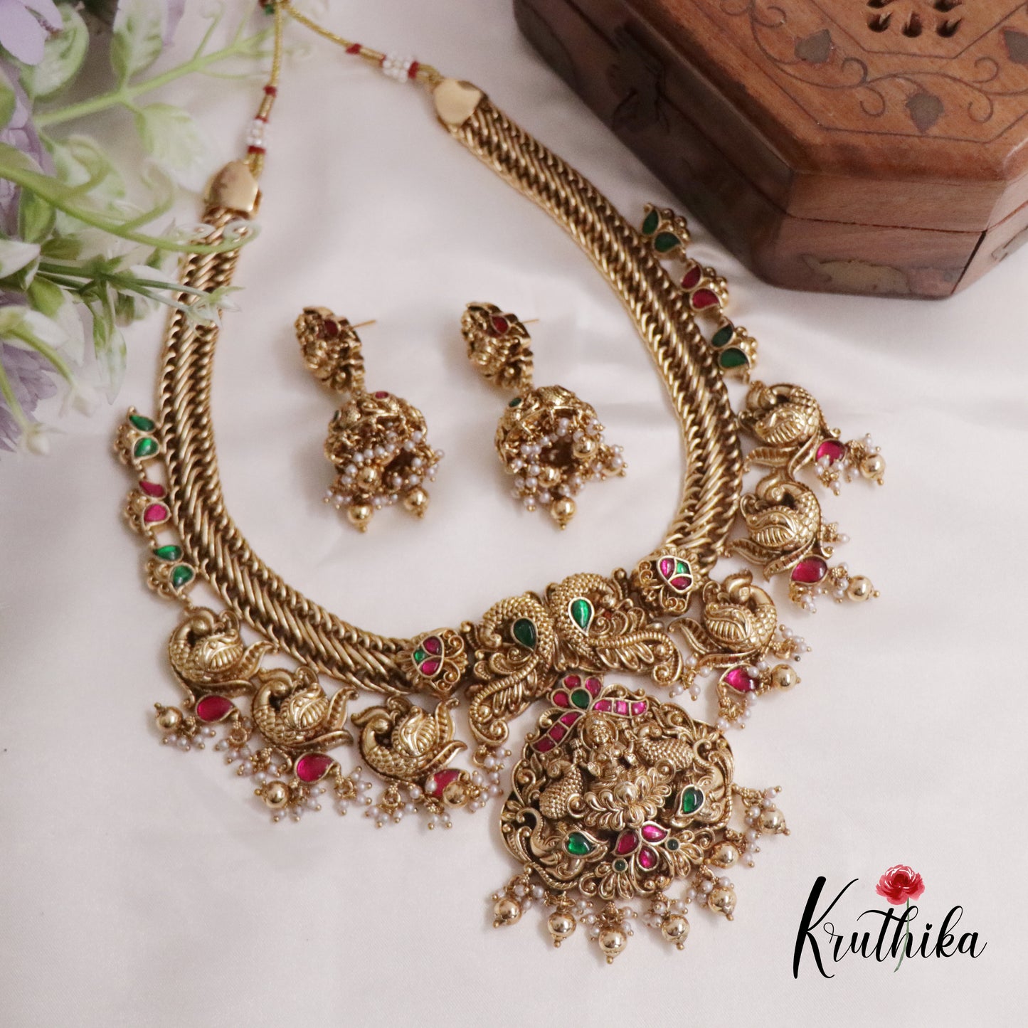 Royal Antique Jadau Lakshmi Pendant and Peacock Necklace NC2231 (Available in 3 Colours)