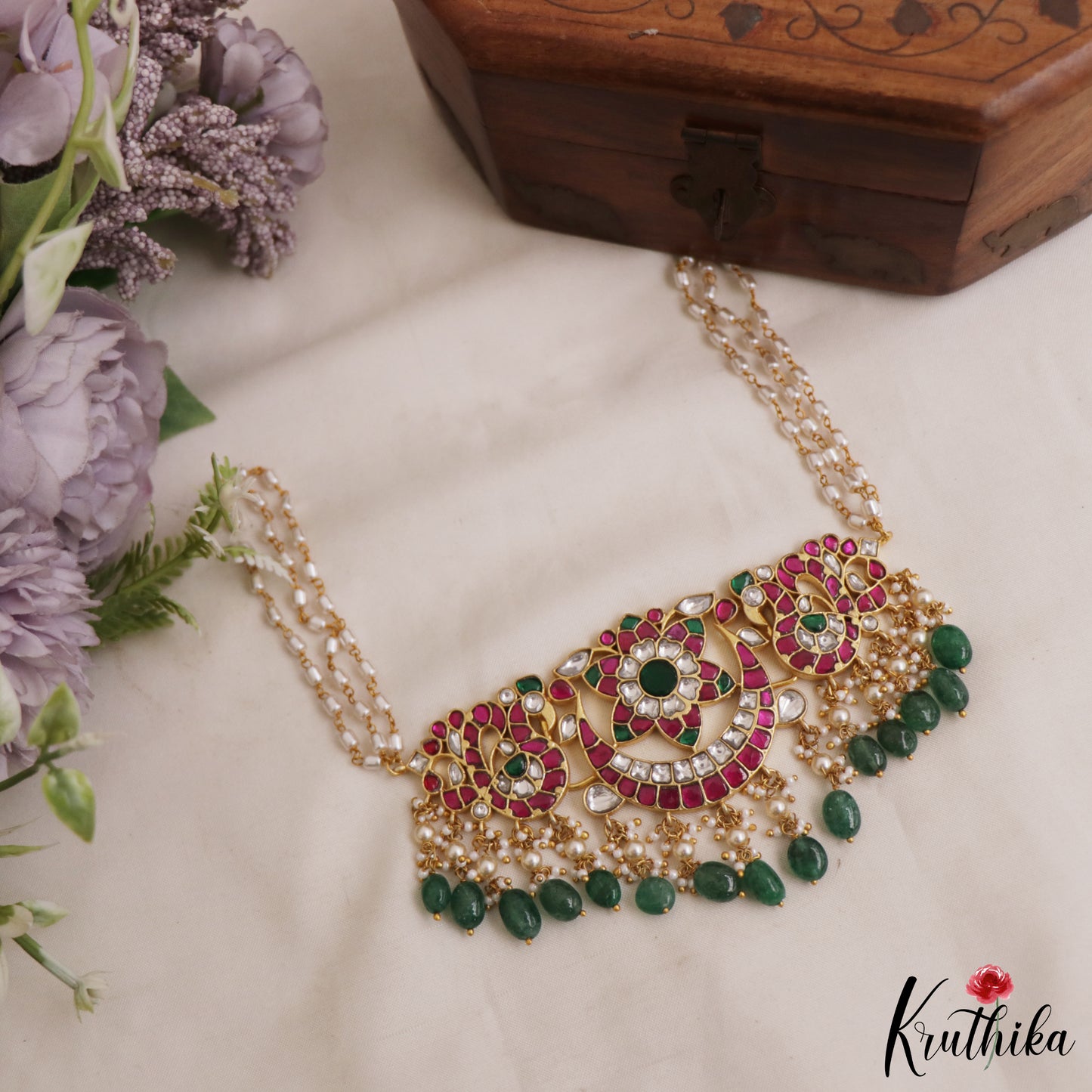 Elegant Floral Peacock Motifs Jadau Choker with Triple Strand Pearl Chain  NC2975