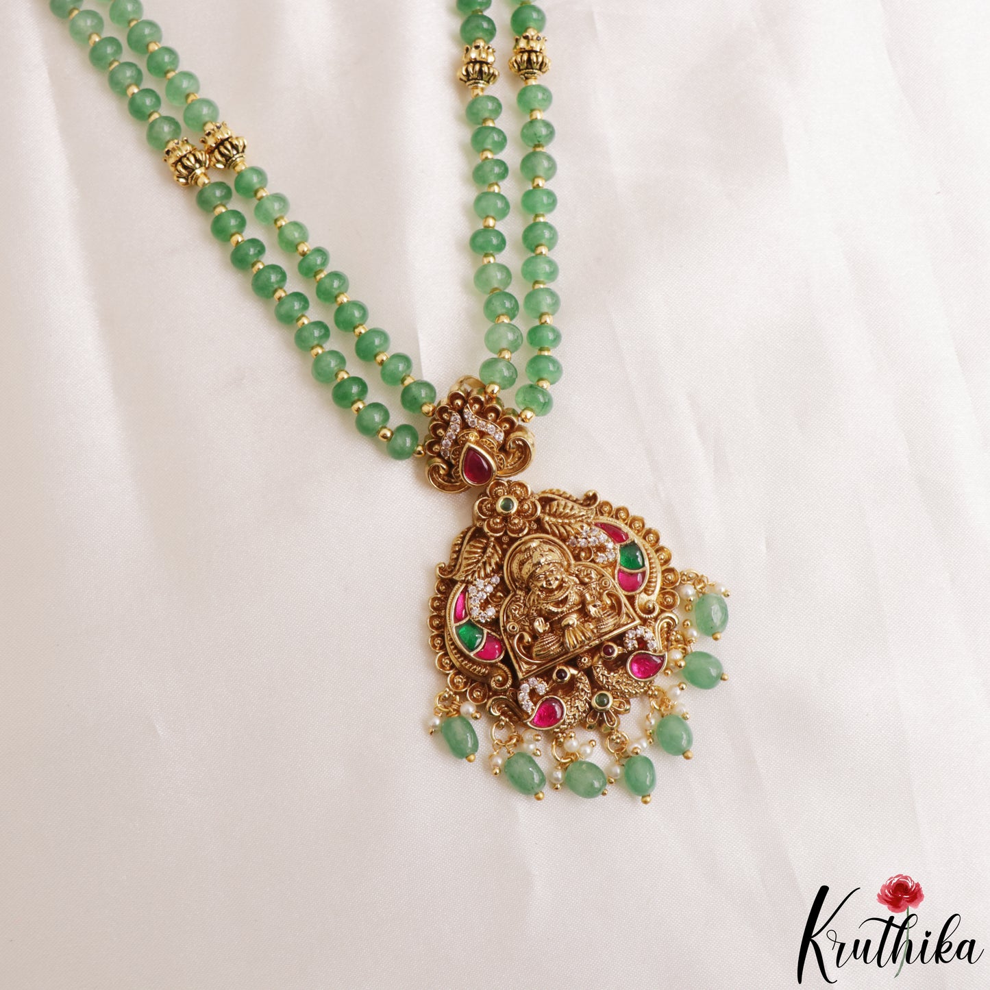 Elegant Antique Lakshmi Motifs Double Layered Green Beads Haaram LH2155