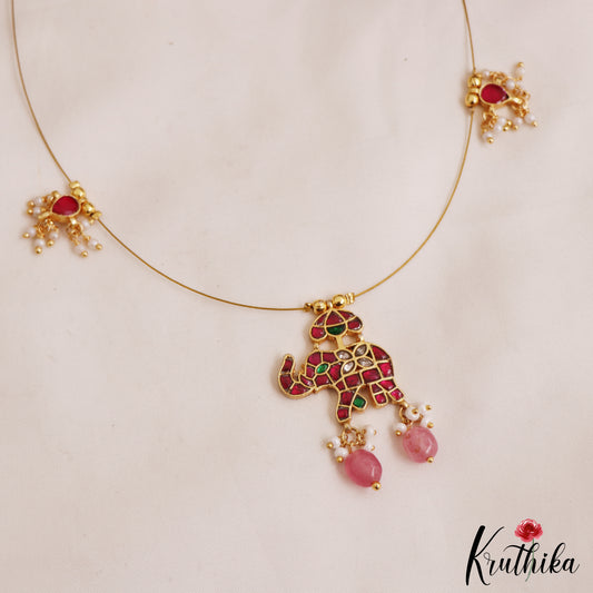 Classic Elephant Motifs Jadau Invisible Chain With Pink Bead Drops NC2988