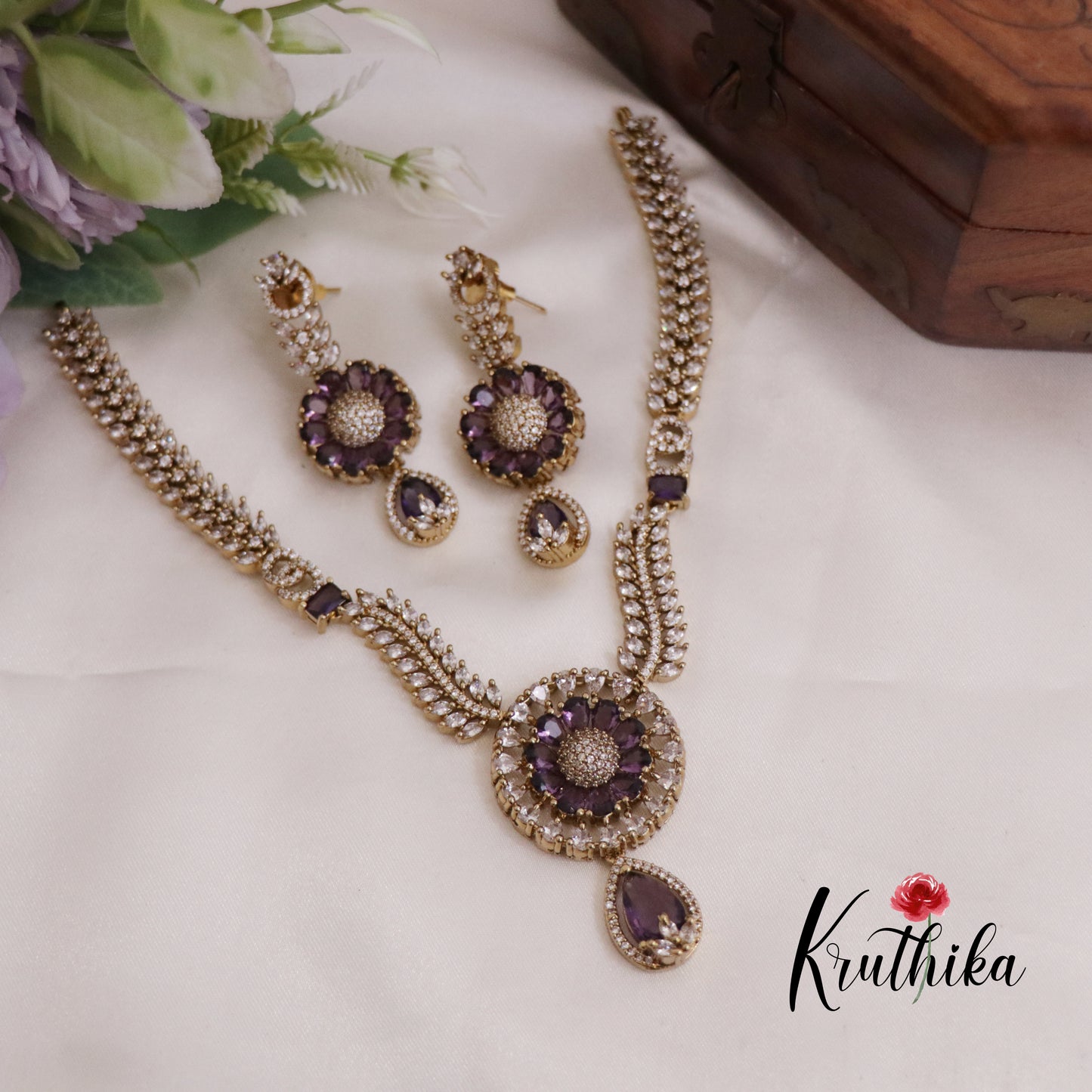 Beautiful AD Victorian Necklace with Floral Pendant Drop NC2333 (Available in 5 Colours)