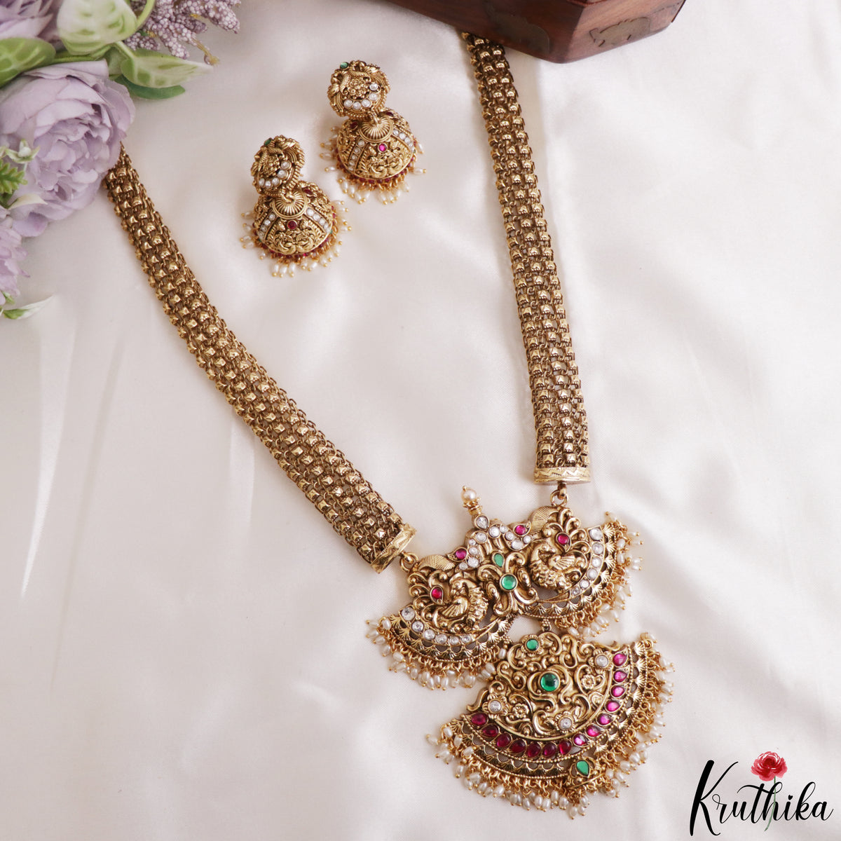 Gorgeous Antique Peacock Motifs Jadau Haaram With Pearl Drops LH2215