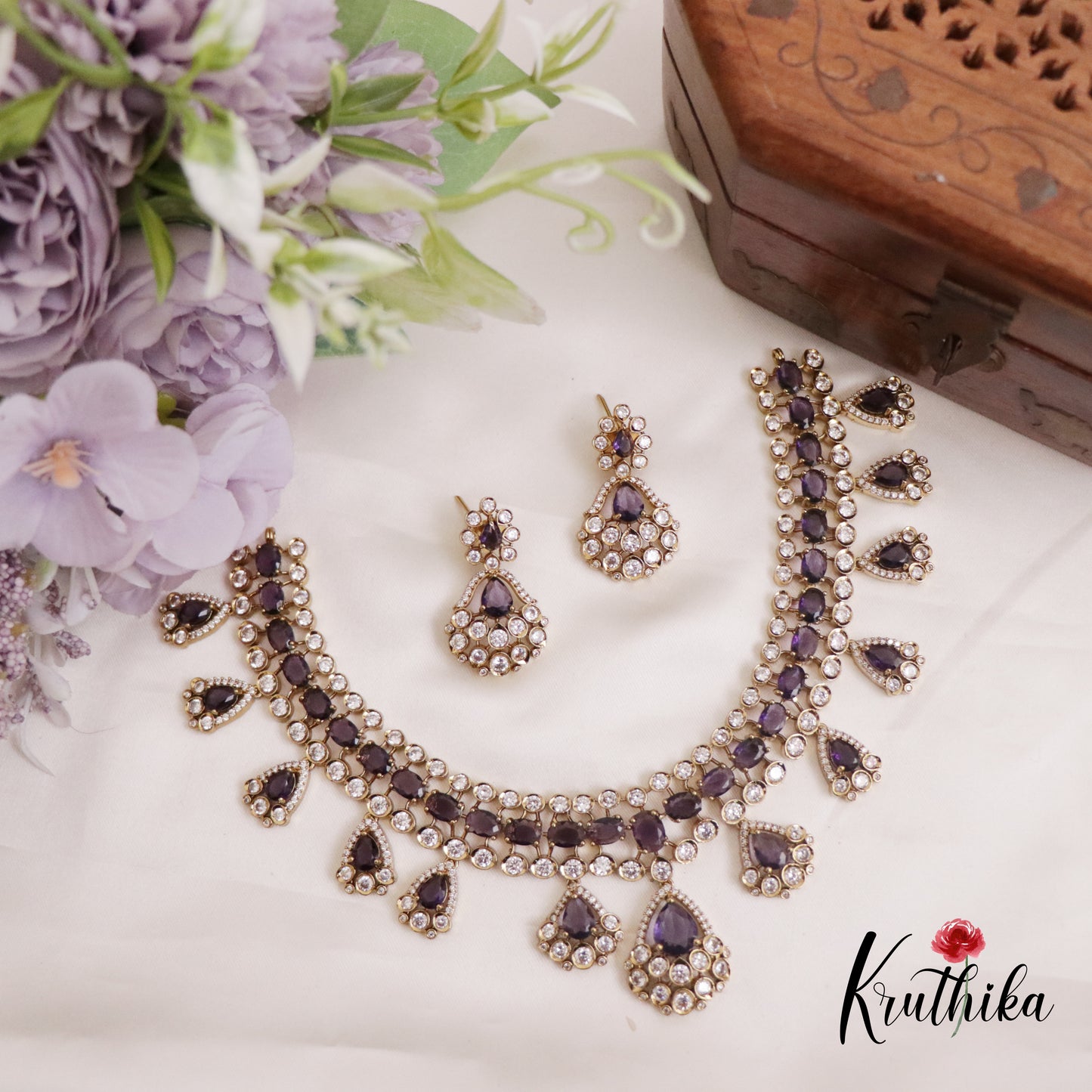 Gorgeous AD Victorian Necklace with Teardrop Pendant Drop NC2279 (Available in 4 Colors)