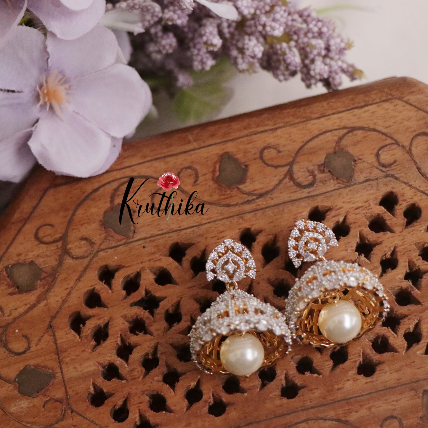 Beautiful CZ Sparkling Jhumka Pearl Drops E654