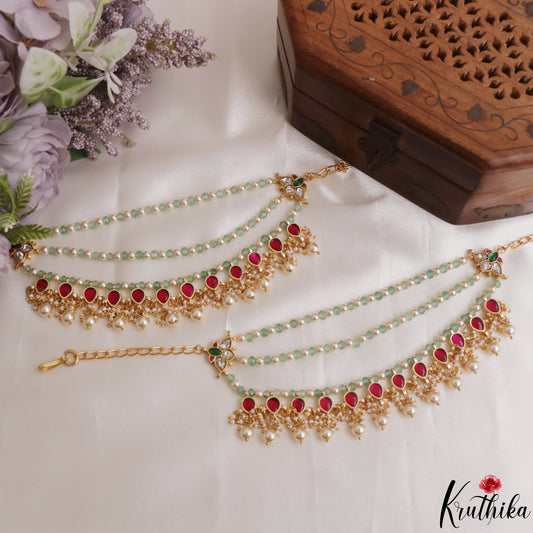 Beautiful Teardrop Motifs Multi Pearl Bead Strand Jadau Earchains With Pearl Drops EC226