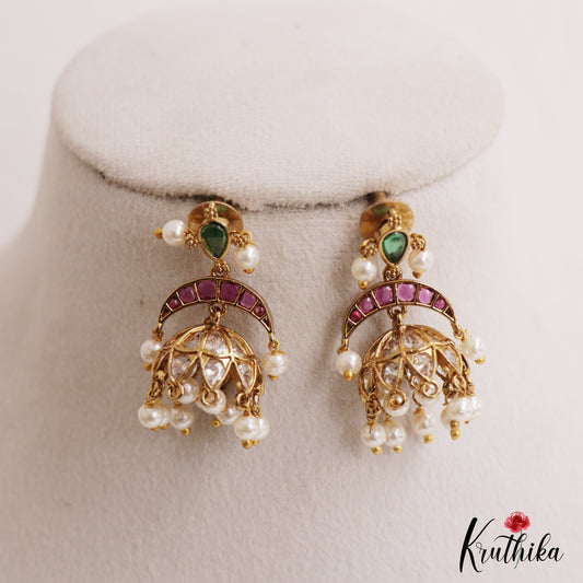 Elegant Teardrop Motifs Kemp Jhumkas With Pearl Drops E1115