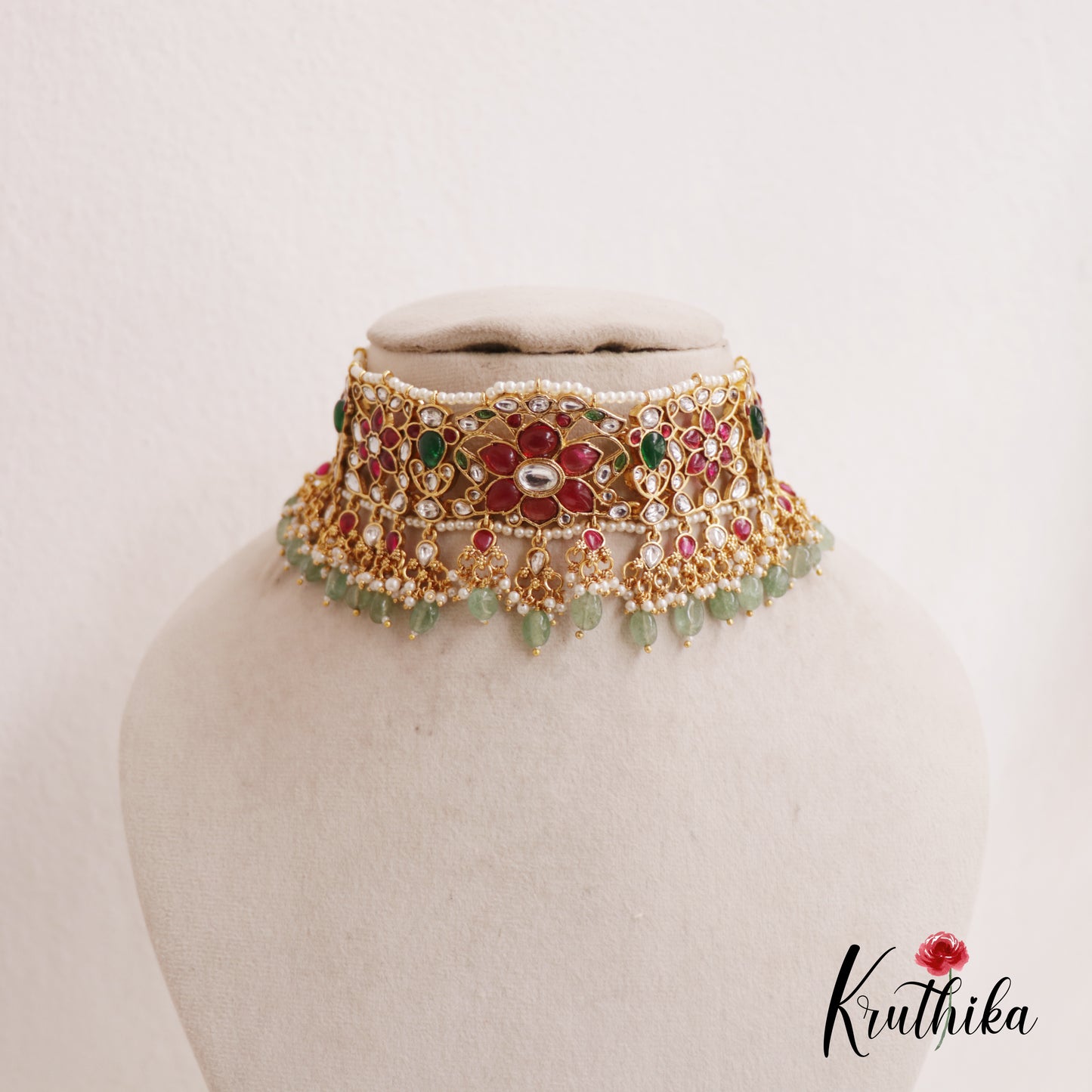 Beautiful Floral Kemp Choker With Bead And Pearl Drops NC2563