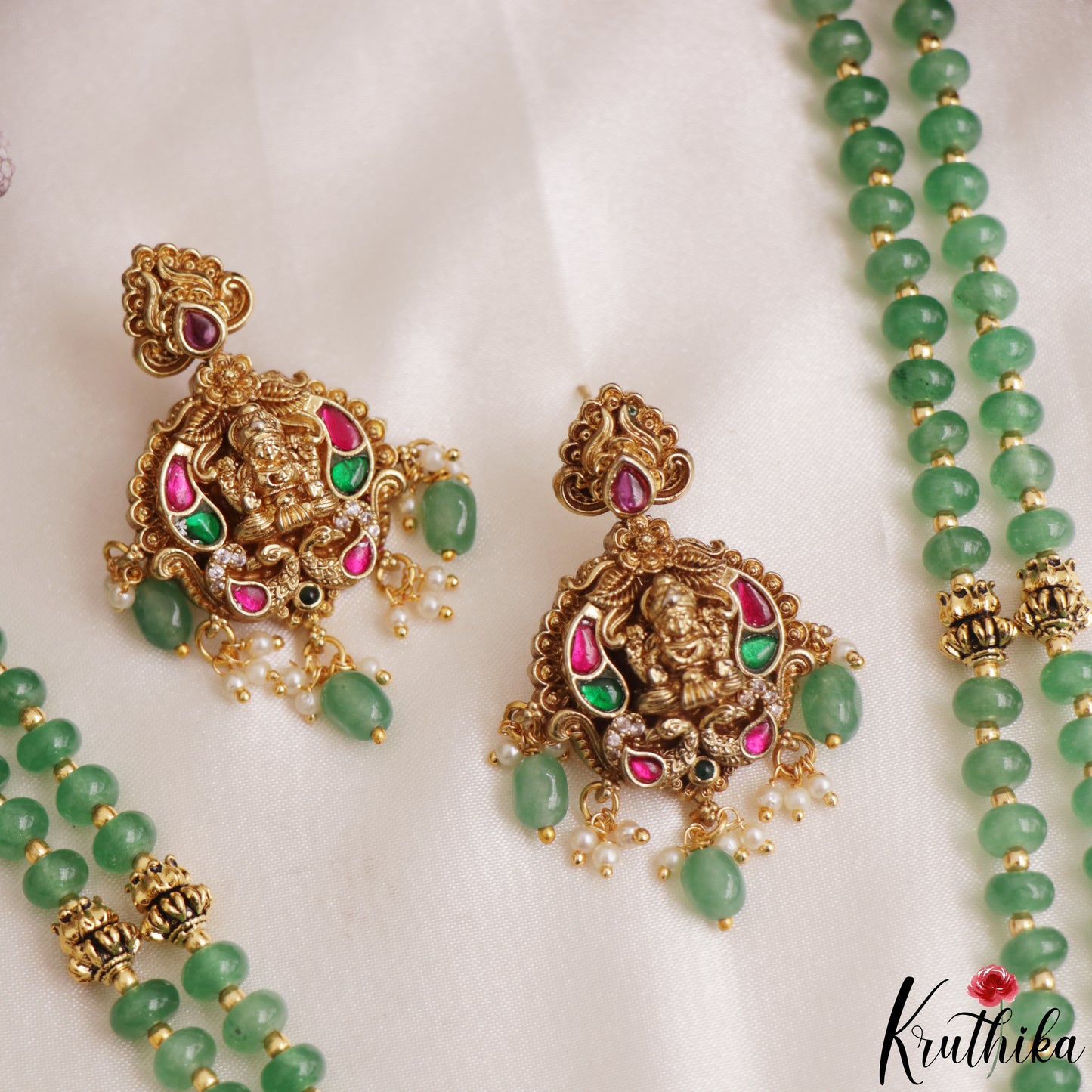 Elegant Antique Lakshmi Motifs Double Layered Green Beads Haaram LH2155