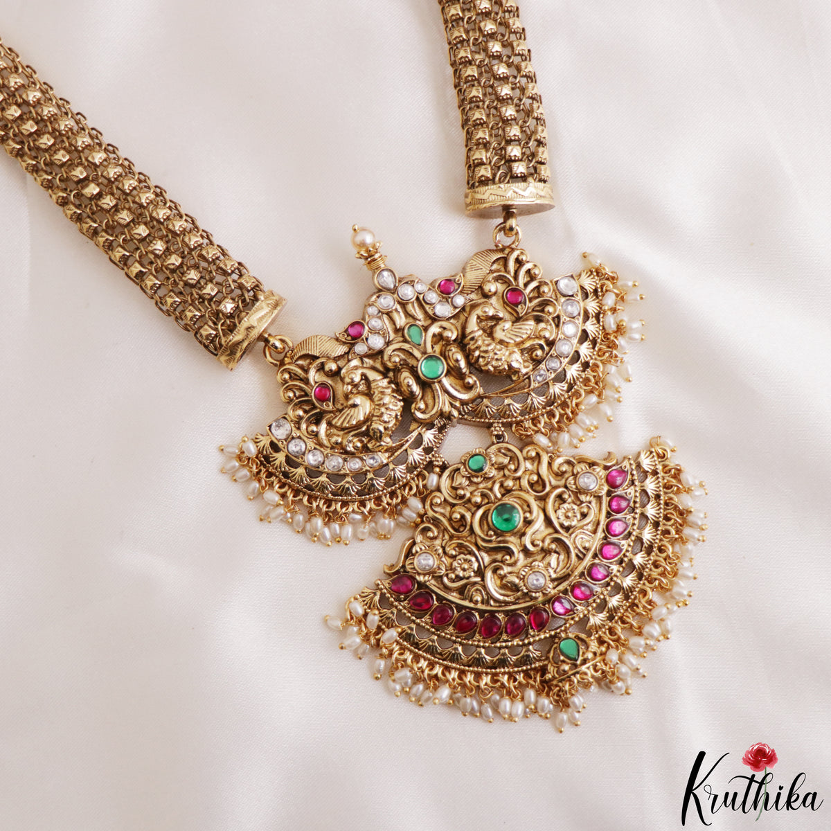 Gorgeous Antique Peacock Motifs Jadau Haaram With Pearl Drops LH2215