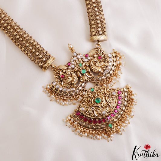 Gorgeous Antique Peacock Motifs Jadau Haaram With Pearl Drops LH2215
