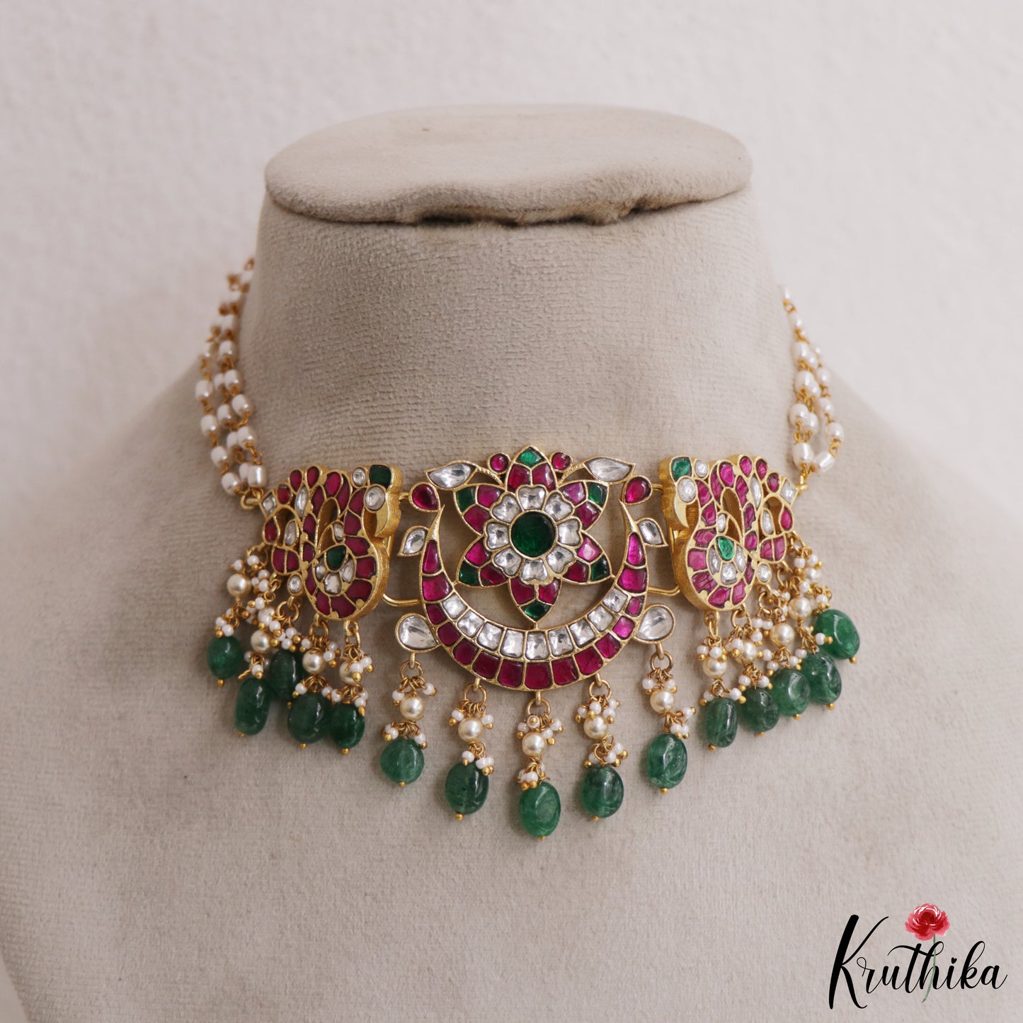 Elegant Floral Peacock Motifs Jadau Choker with Triple Strand Pearl Chain  NC2975