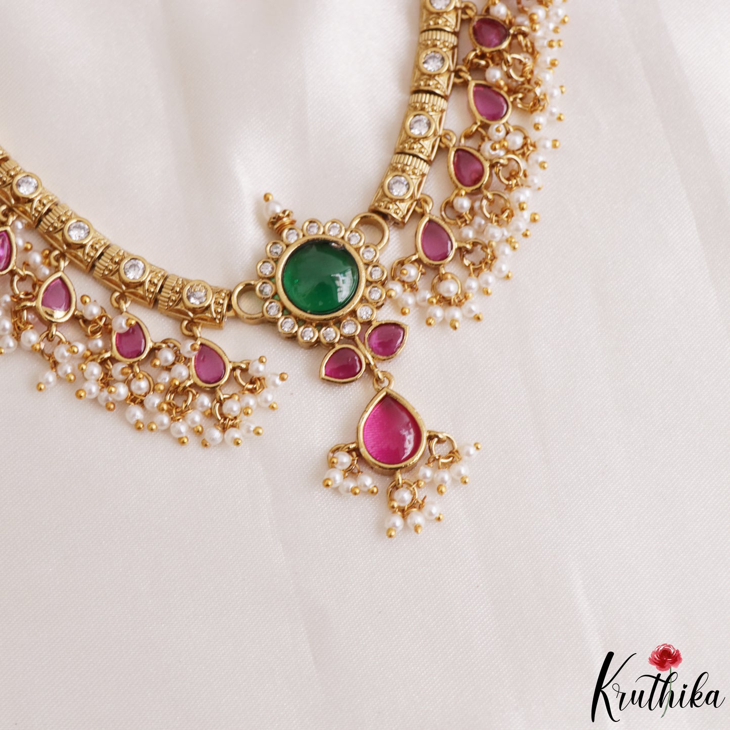 Trendy Floral Teardrop Motifs Kemp Choker With Pearl Drops NC3163