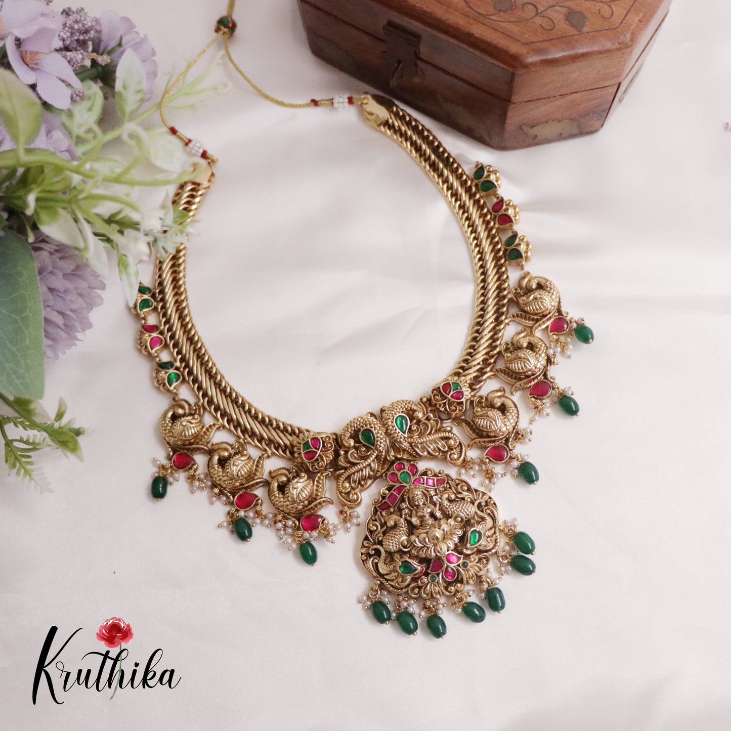 Royal Antique Jadau Lakshmi Pendant and Peacock Necklace NC2231 (Available in 3 Colours)