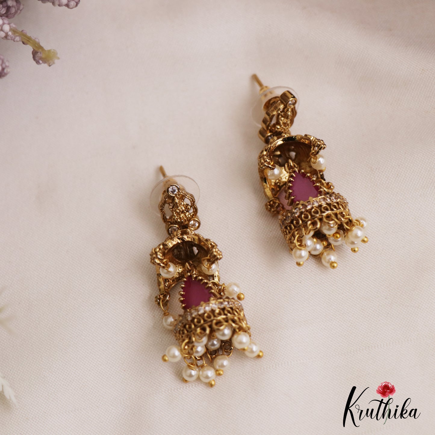 Classic Antique Lakshmi Motifs Jhumkas With Pearl Drops E1116 (Available In 2 Colors)