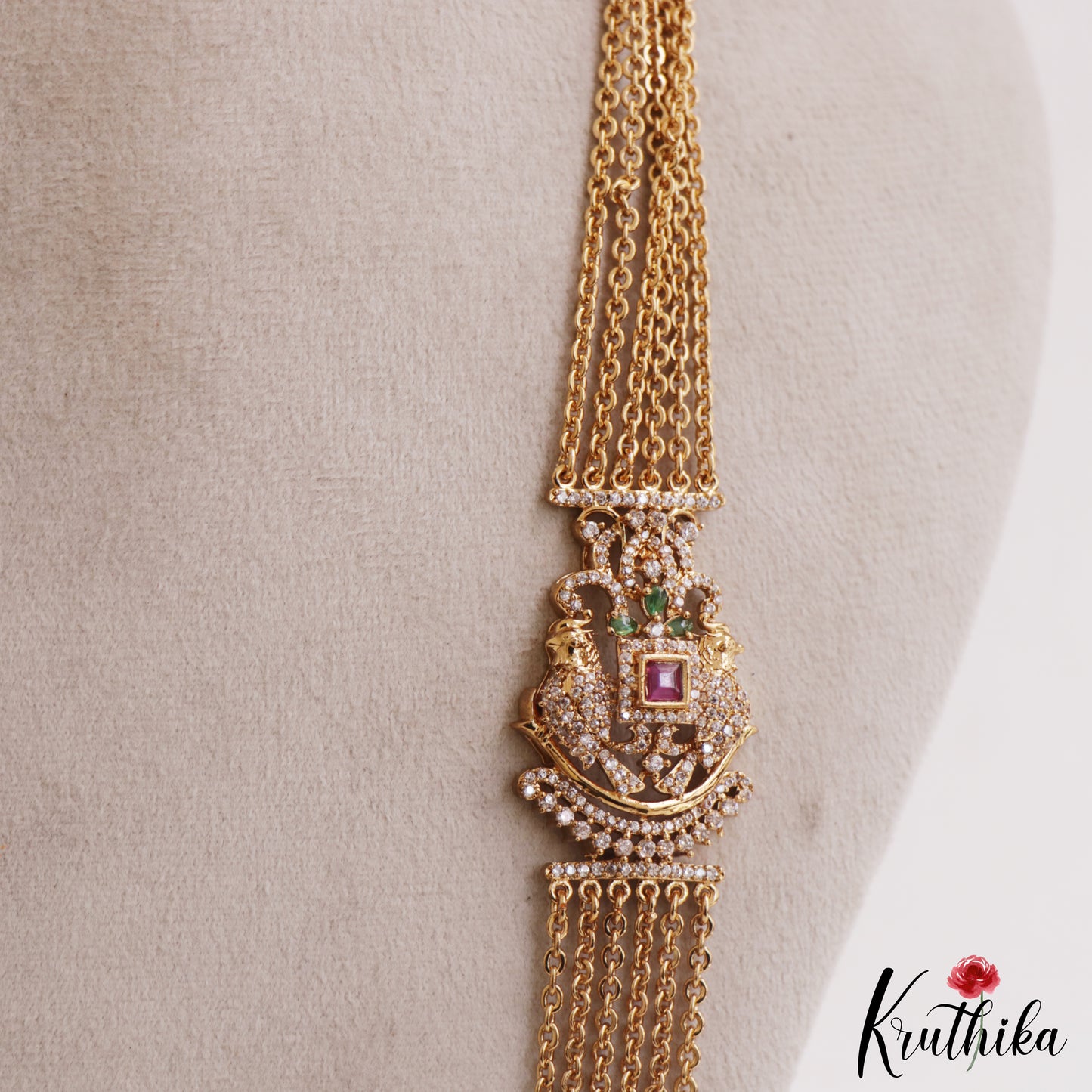 Classic Multi Layer Ruby Elephant Vintage Chandra Haaram With Side AD Pendant LH2101