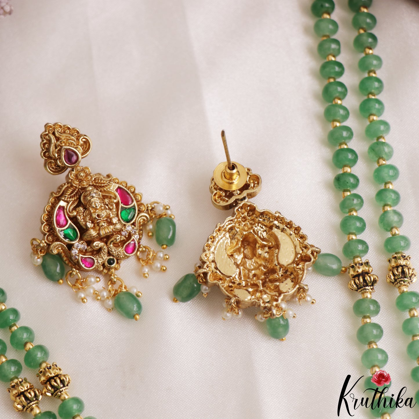 Elegant Antique Lakshmi Motifs Double Layered Green Beads Haaram LH2155