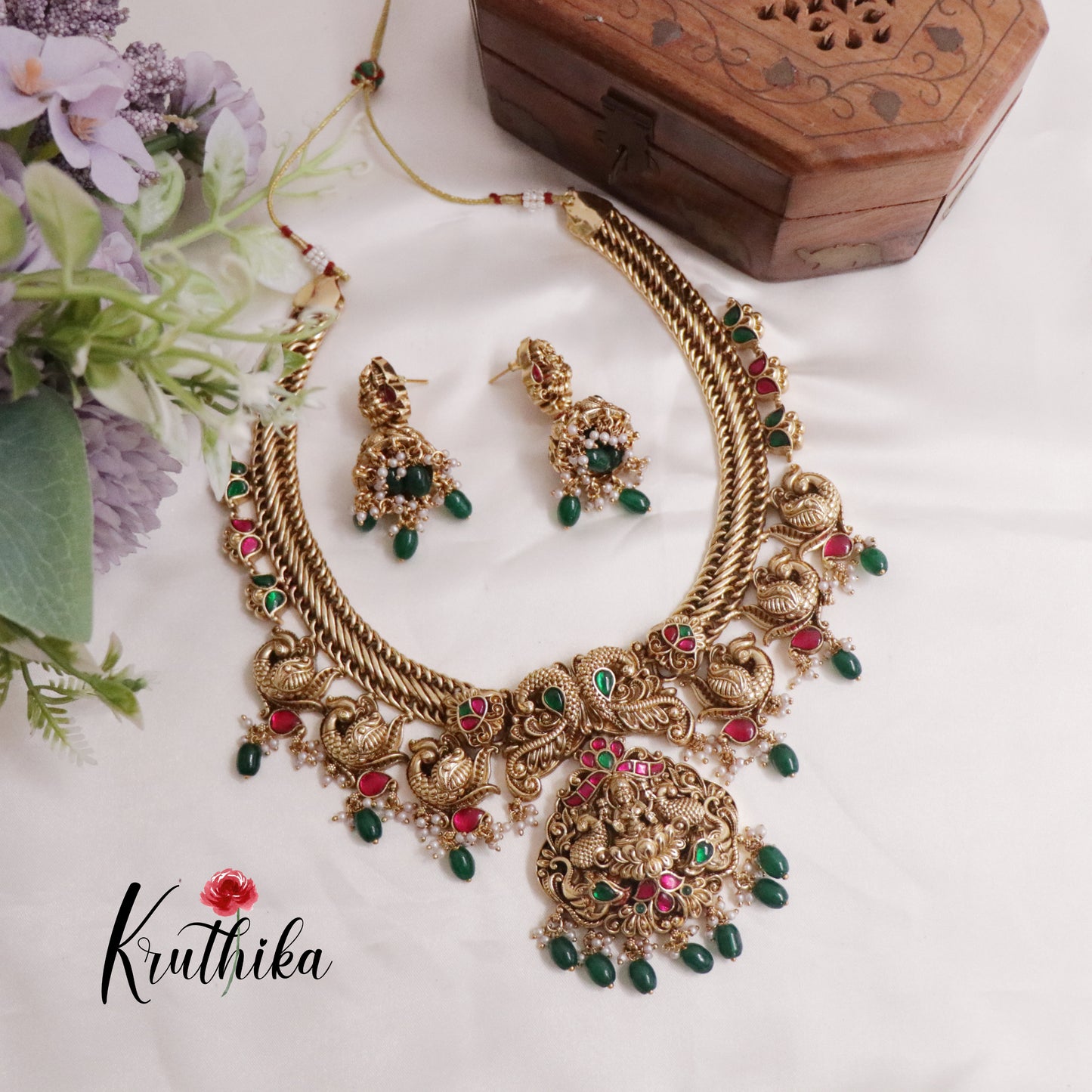 Royal Antique Jadau Lakshmi Pendant and Peacock Necklace NC2231 (Available in 3 Colours)