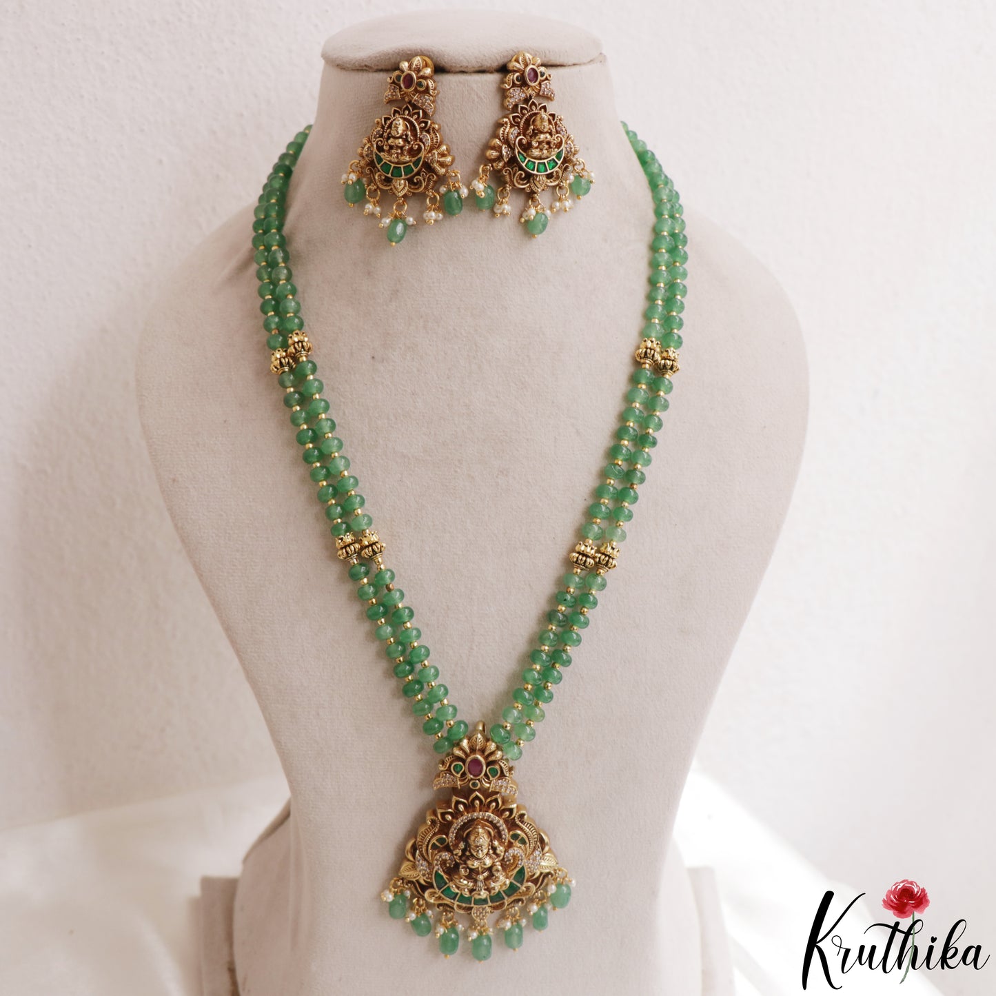 Classic Antique Lakshmi Motifs Double Layered Green Beads Jadau Haaram LH2156