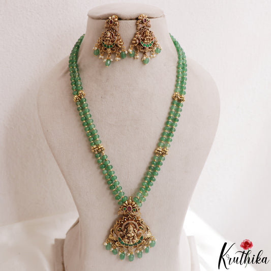 Classic Antique Lakshmi Motifs Double Layered Green Beads Jadau Haaram LH2156