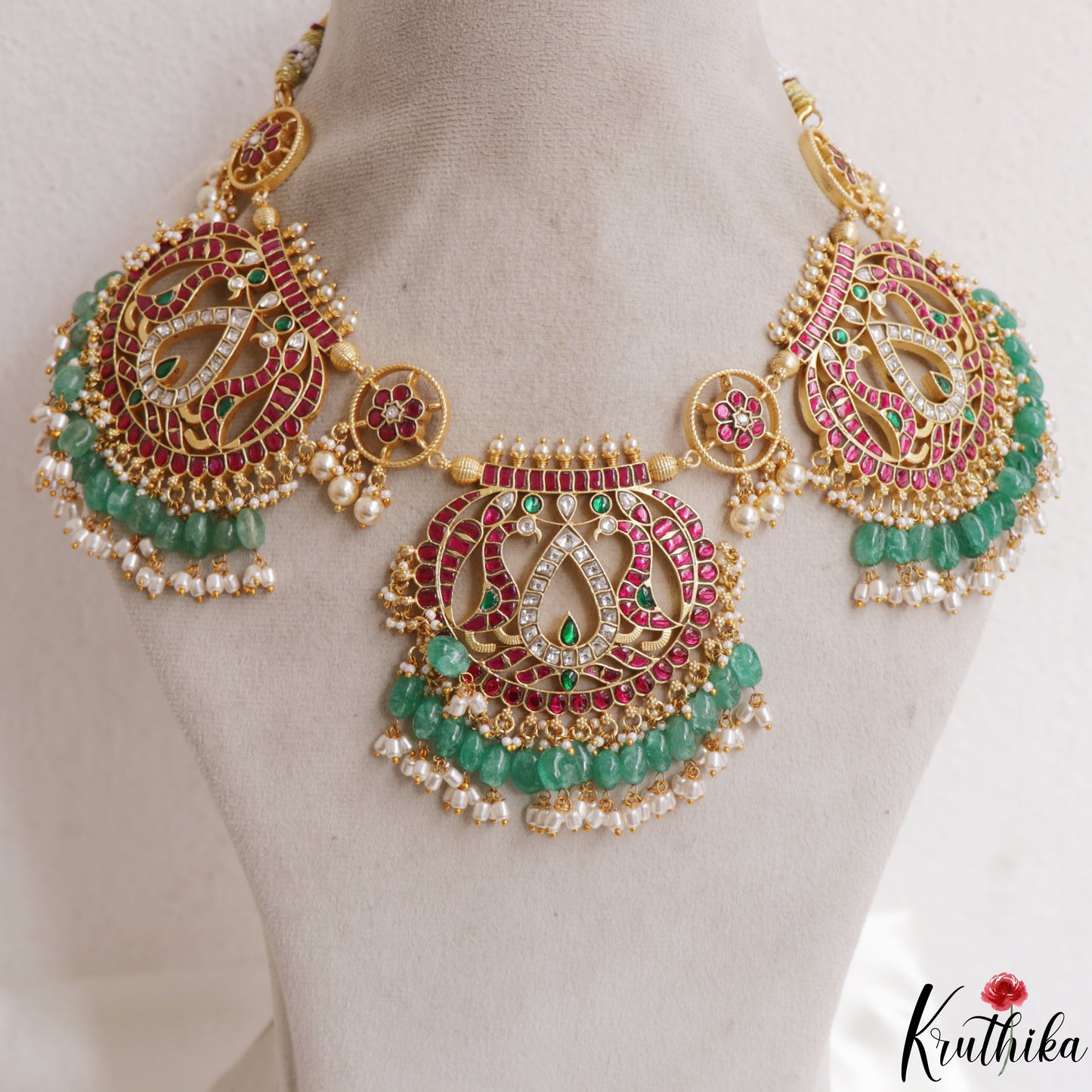 Royal Floral Peacock Motifs Jadau Necklace With Green Bead Drops NC3112
