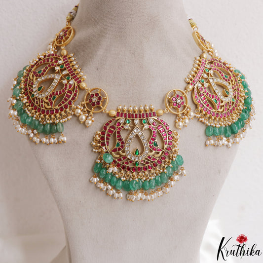 Royal Floral Peacock Motifs Jadau Necklace With Green Bead Drops NC3112