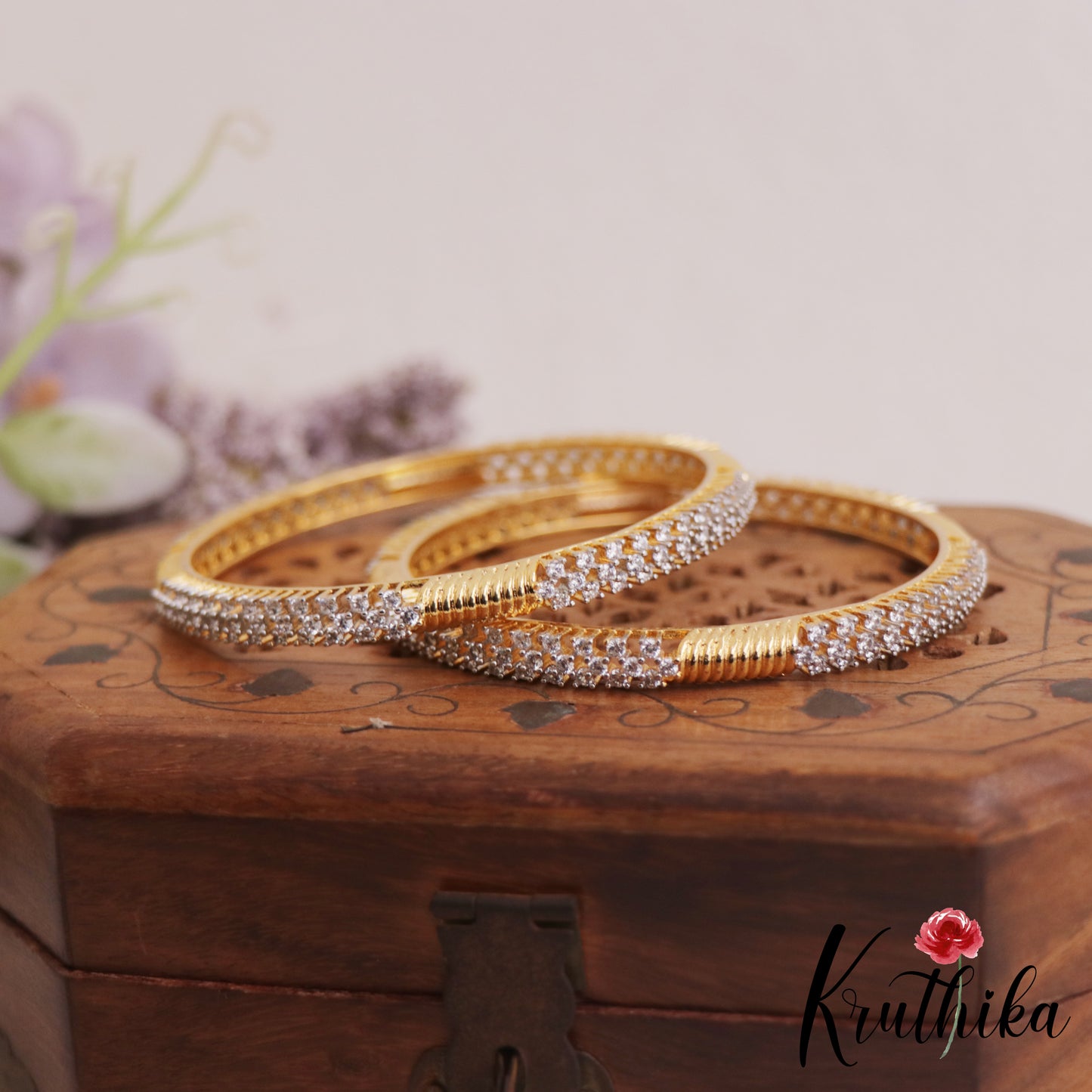 Elegant Diamond-Finish Gold-Tone AD Bangles B516 (Set Of 2)