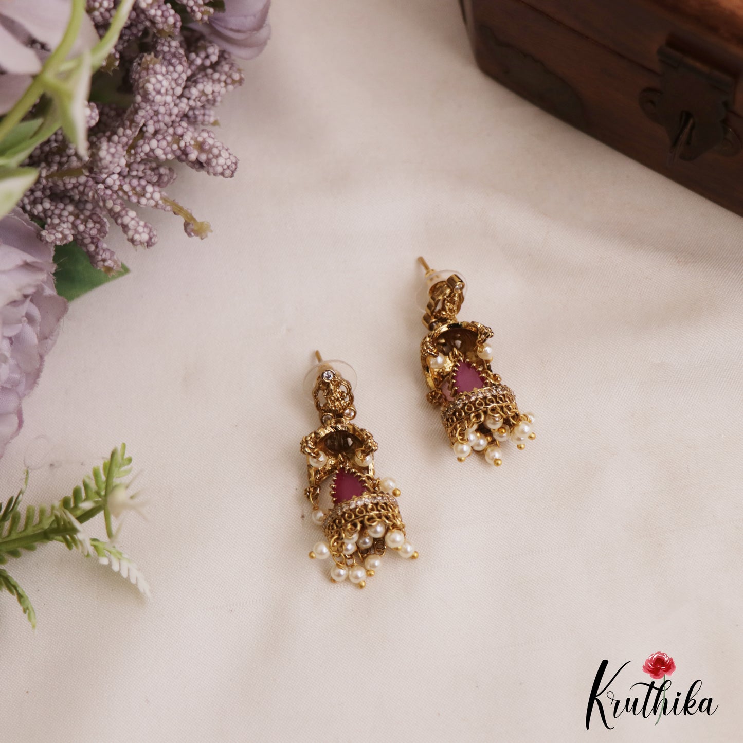 Classic Antique Lakshmi Motifs Jhumkas With Pearl Drops E1116 (Available In 2 Colors)