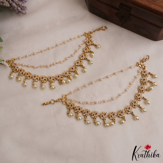 Pretty Floral Motifs Triple Strand AD Earchains With Pearl Drops EC208