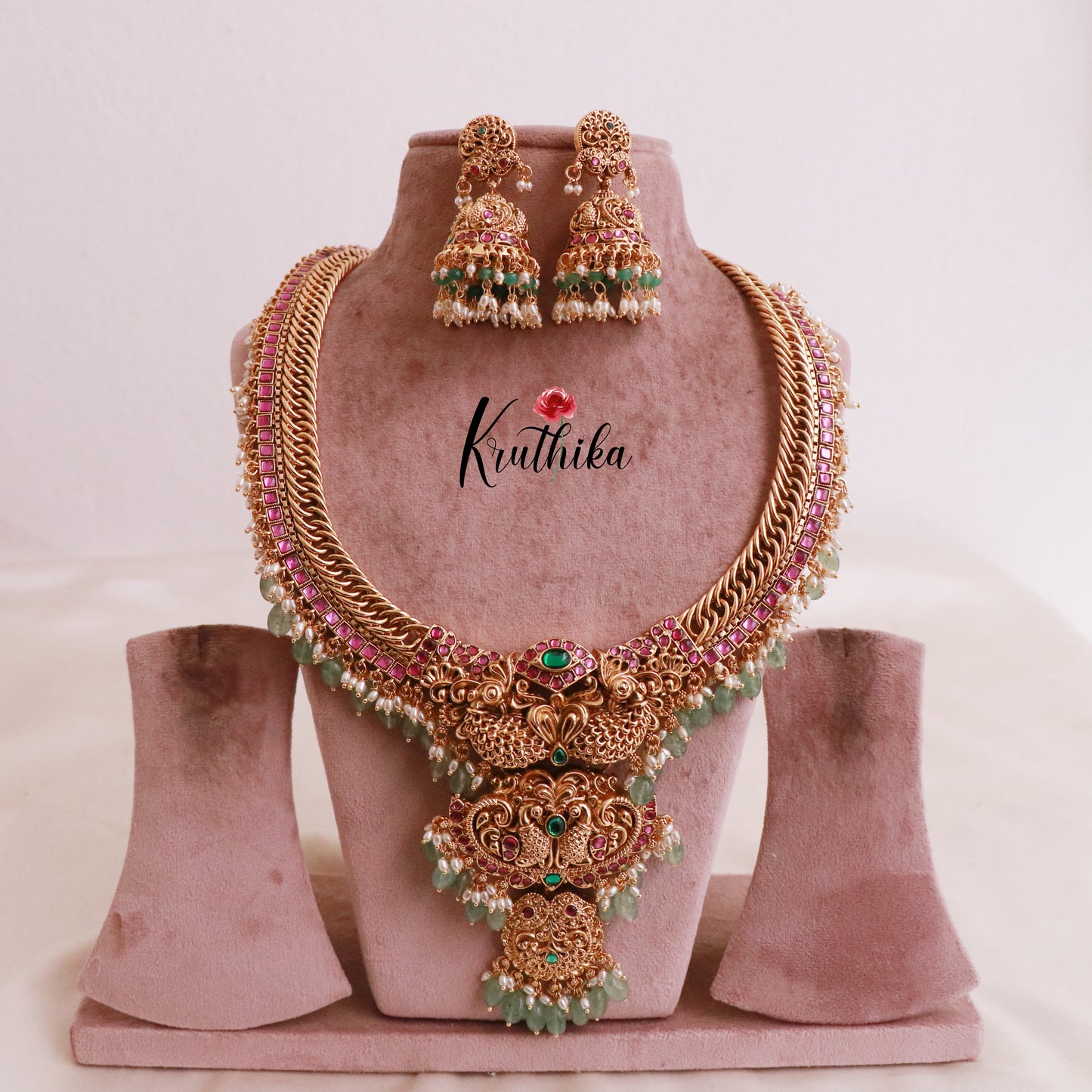 Royal Jadau peacock Jalebi style haaram with mint beads LH815