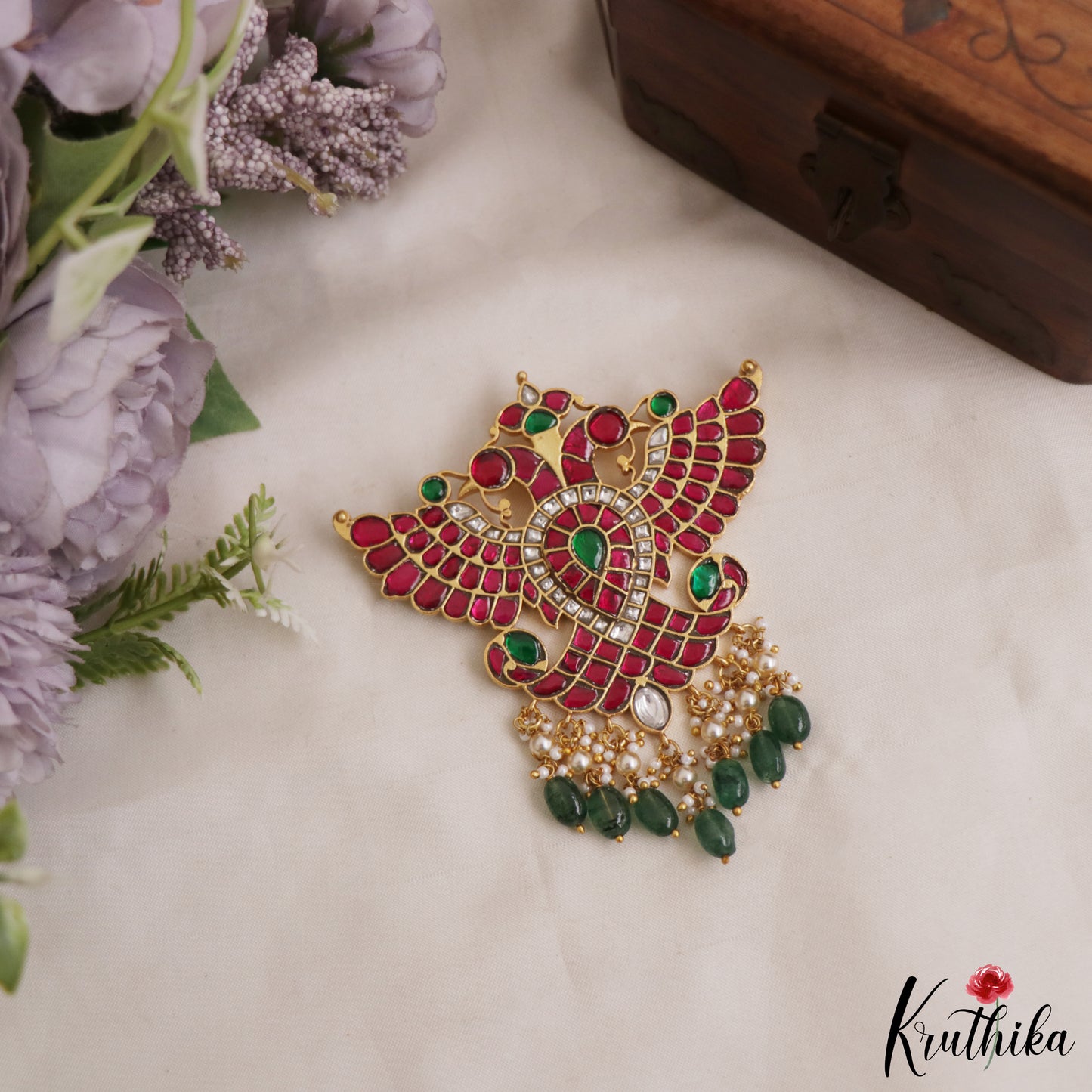 Grand Gandaberunda Jadau Pendant with Green Beads Drops PS296